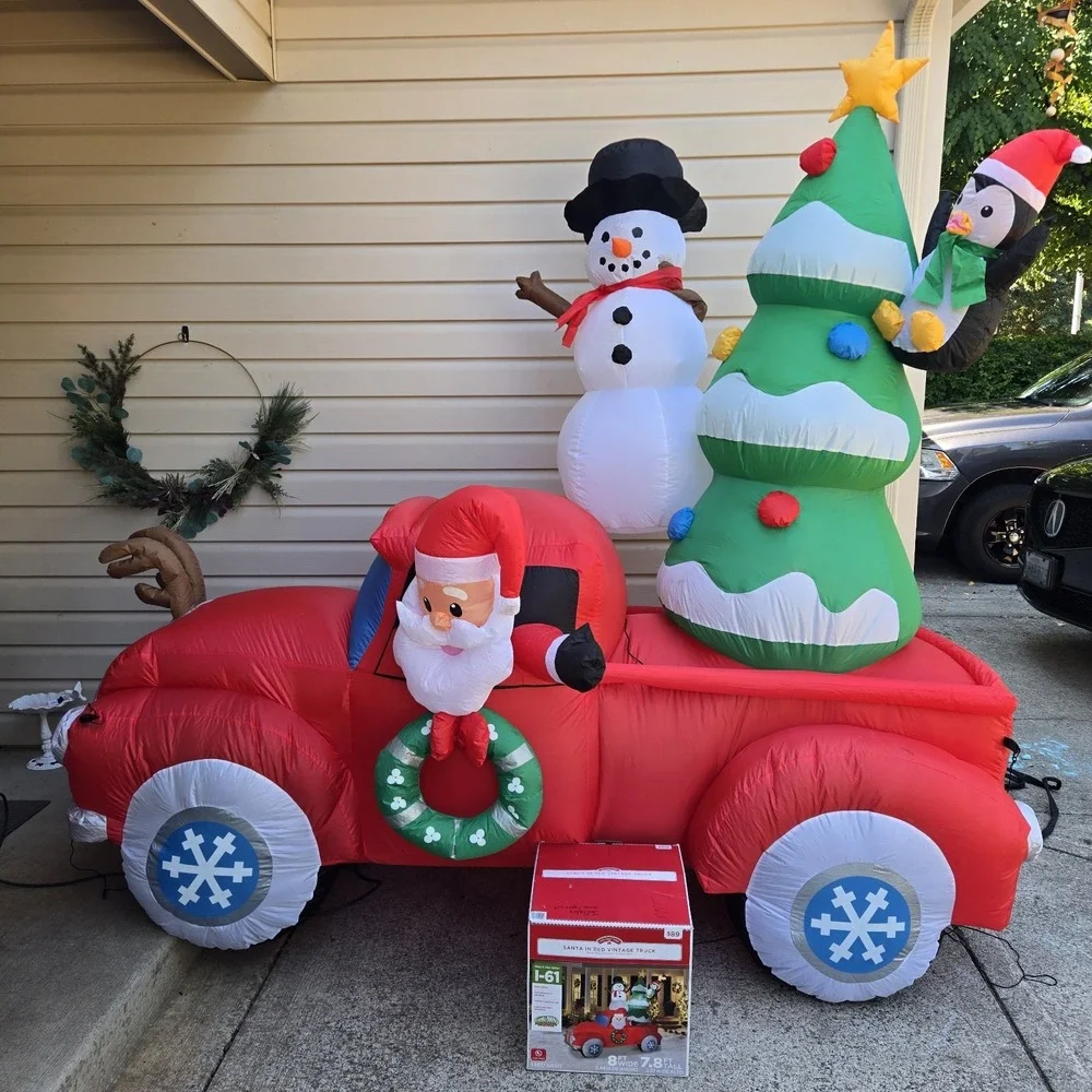 Gemmy Christmas 8 ft Tall Santa in Red Vintage Truck w/Tree Airblown Inflatable